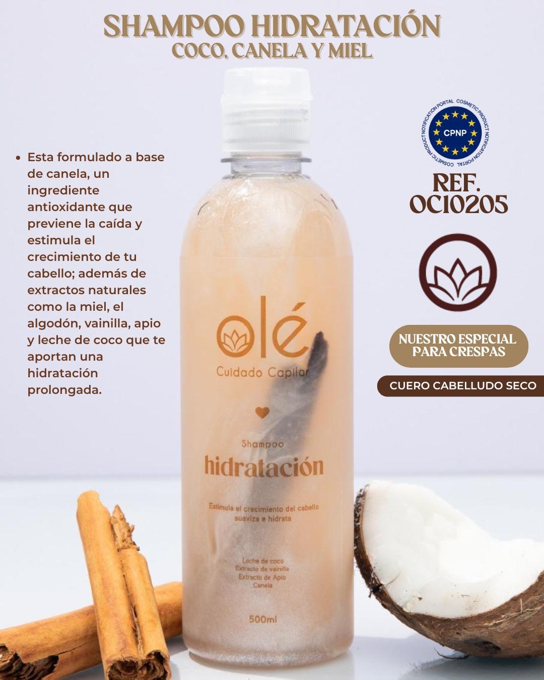 Shampoo hidratación coco, canela y miel